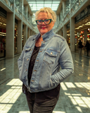 Front view of custom hand-painted denim jacket, one-of-a-kind wearable art, size large.