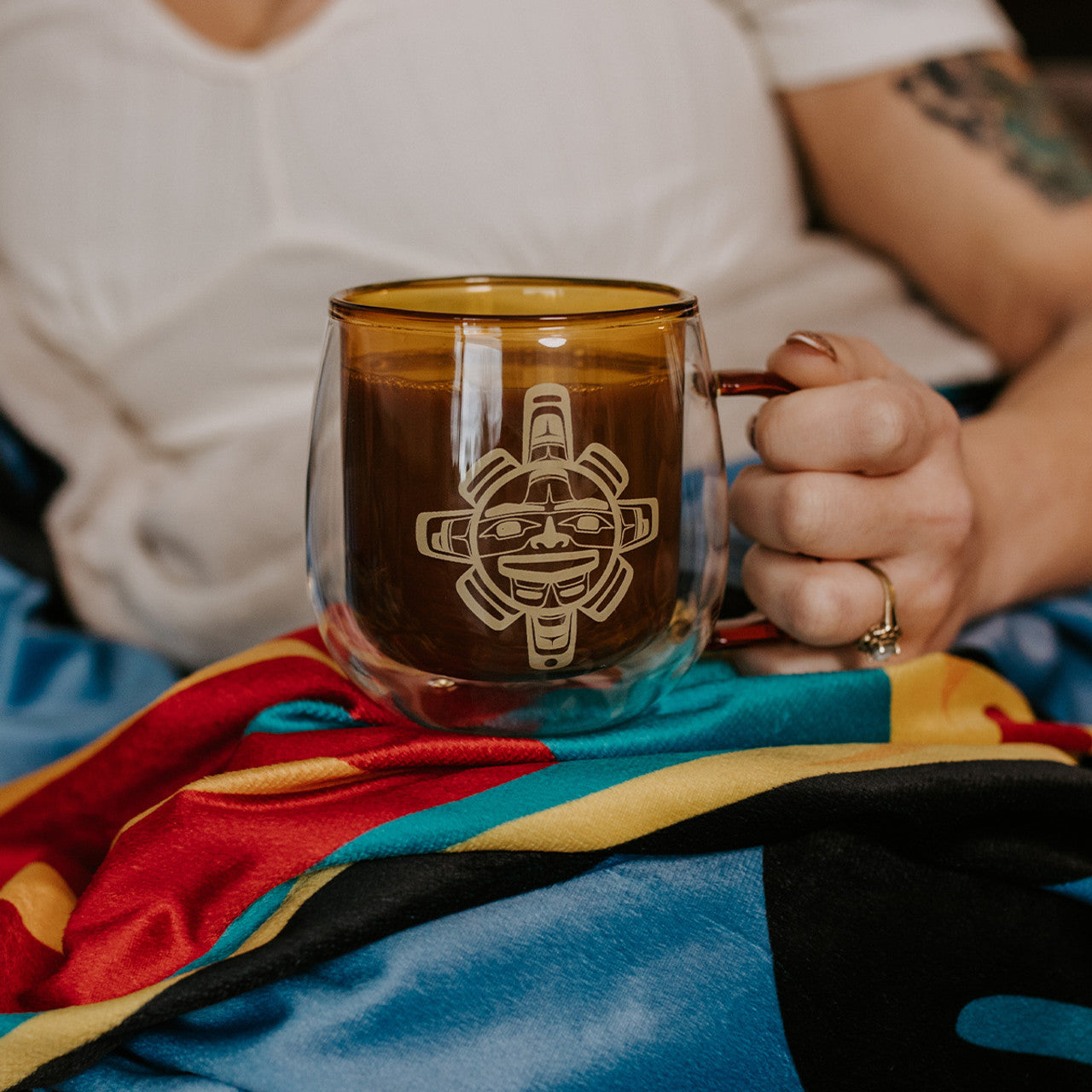Chilkat Sun Double Walled Glass Mug by Nahaan, Tlingit