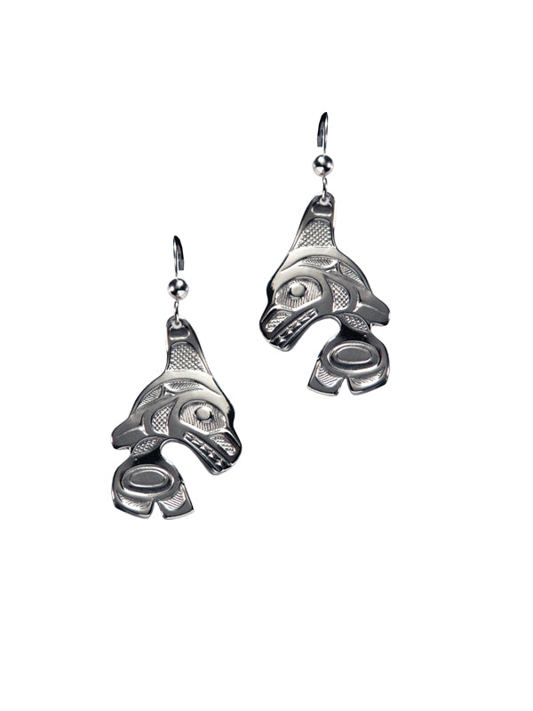 Silver Pewter Orca Indigenous Earrings by Bill Helin
