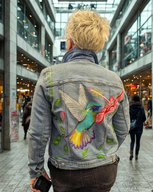 Hand-painted denim jacket with detailed hummingbird sipping nectar from a flower, one-of-a-kind design.