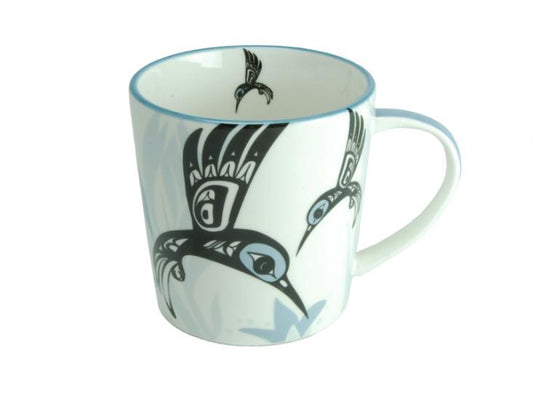 Hummingbird porcelain mug by Bill Helin, Indigenous art coffee or tea mug, 16 oz, gift boxed, microwave and dishwasher safe.