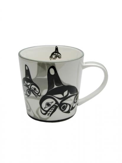 Many Whales porcelain mug by Bill Helin, Indigenous art mug, 16 oz fine porcelain, gift boxed, dishwasher and microwave safe.