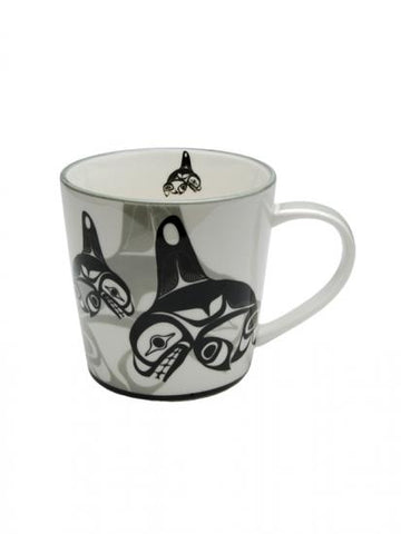 Many Whales porcelain mug by Bill Helin, Indigenous art mug, 16 oz fine porcelain, gift boxed, dishwasher and microwave safe.