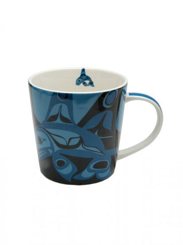 Orca porcelain mug by Bill Helin, Indigenous art mug, fine porcelain, 16 oz coffee or tea mug, gift boxed, dishwasher and microwave safe.