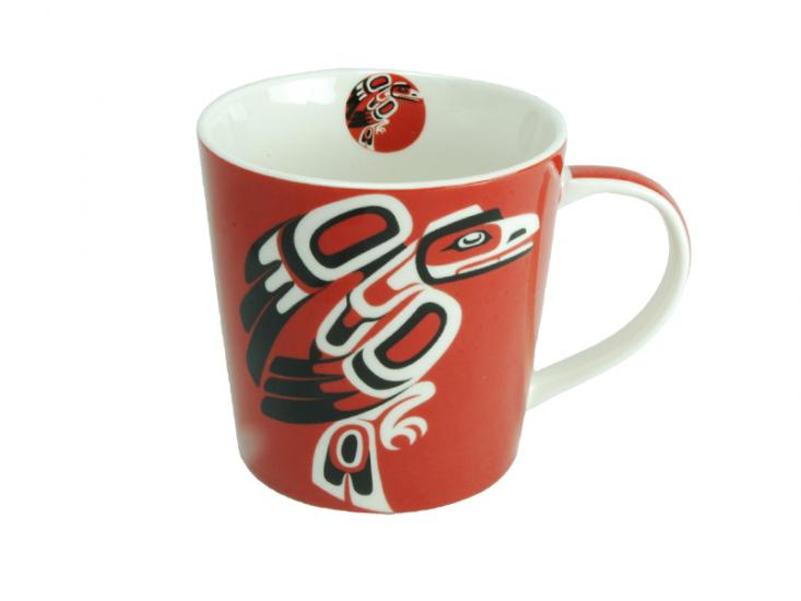 Raven porcelain mug by Karen Francis, Indigenous art mug, 16 oz fine porcelain, gift boxed, microwave and dishwasher safe.