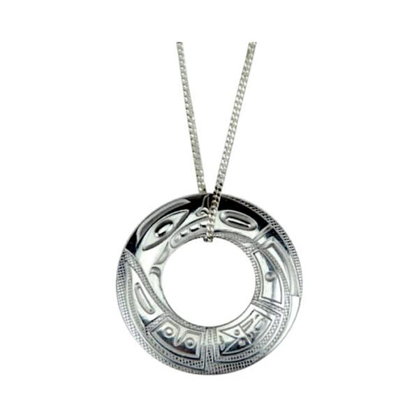 Chilkat Circle Silver Pewter  Indigenous Pendant with Sterling Silver Chain by Corrine Hunt