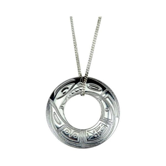 Chilkat Circle Silver Pewter  Indigenous Pendant with Sterling Silver Chain by Corrine Hunt