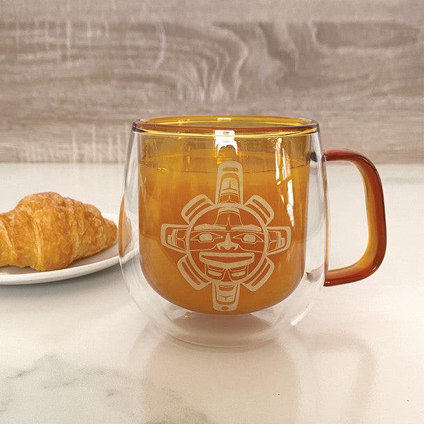 Chilkat Sun Double Walled Glass Mug by Nahaan, Tlingit