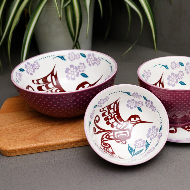 Hummingbird (Purple) Porcelain Art Serving Bowl (Medium) by Francis Dick, Kwakwaka'wakw