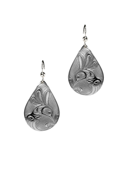 Silver Pewter Hummingbird Teardrop Indigenous Earrings by Bill Helin