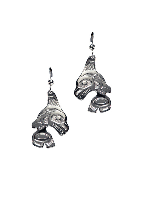 Silver Pewter Orca Indigenous Earrings by Bill Helin
