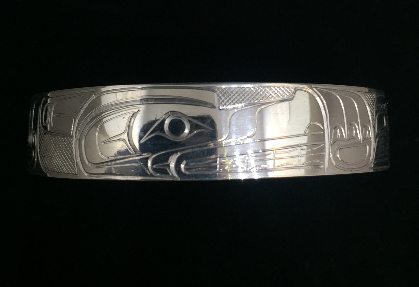 Wolf Hand Carved 1/2" Sterling Silver Indigenous Bangle - Artist Travis Henry