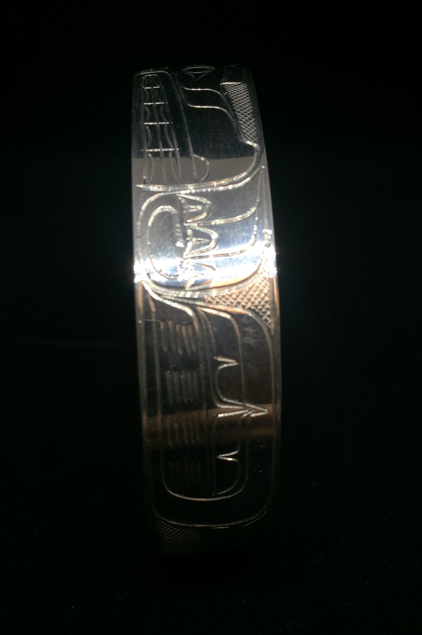 Wolf Hand Carved 1/2" Sterling Silver Indigenous Bangle - Artist Travis Henry