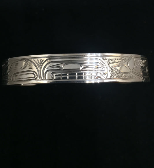 Orca and Salmon Hand Carved 3/8" Sterling Silver Indigenous Bangle