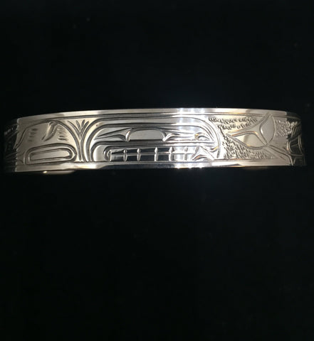 Orca and Salmon Hand Carved 3/8" Sterling Silver Indigenous Bangle