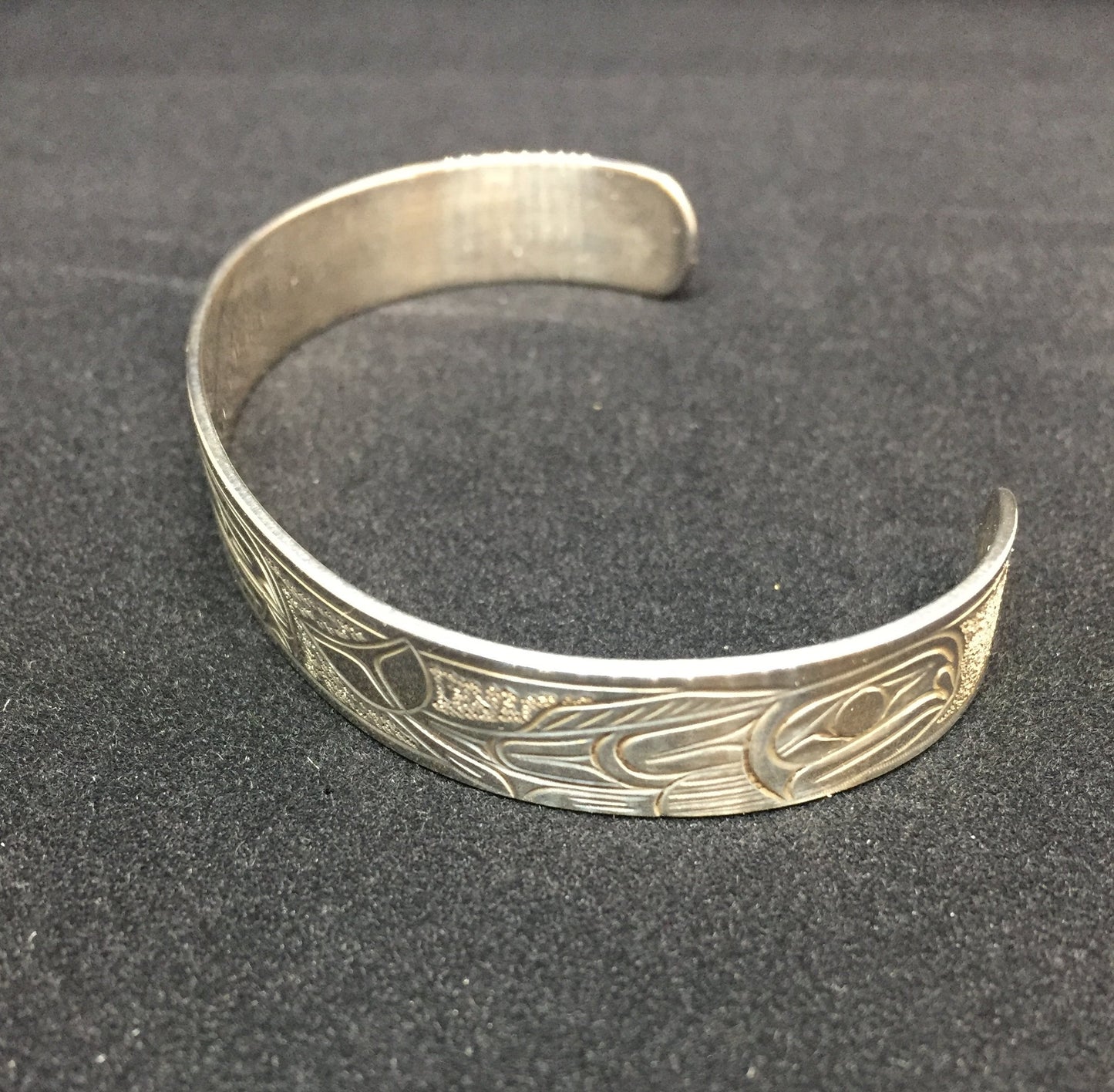 Orca and Salmon Hand Carved 3/8" Sterling Silver Indigenous Bangle