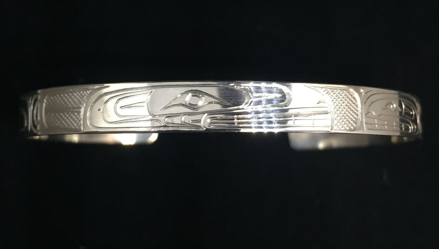 Orca and Baby Hand Carved 1/4" Sterling Silver Indigenous Bangle
