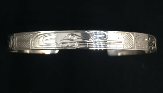 Orca and Baby Hand Carved 1/4" Sterling Silver Indigenous Bangle