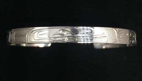 Orca and Baby Hand Carved 1/4" Sterling Silver Indigenous Bangle